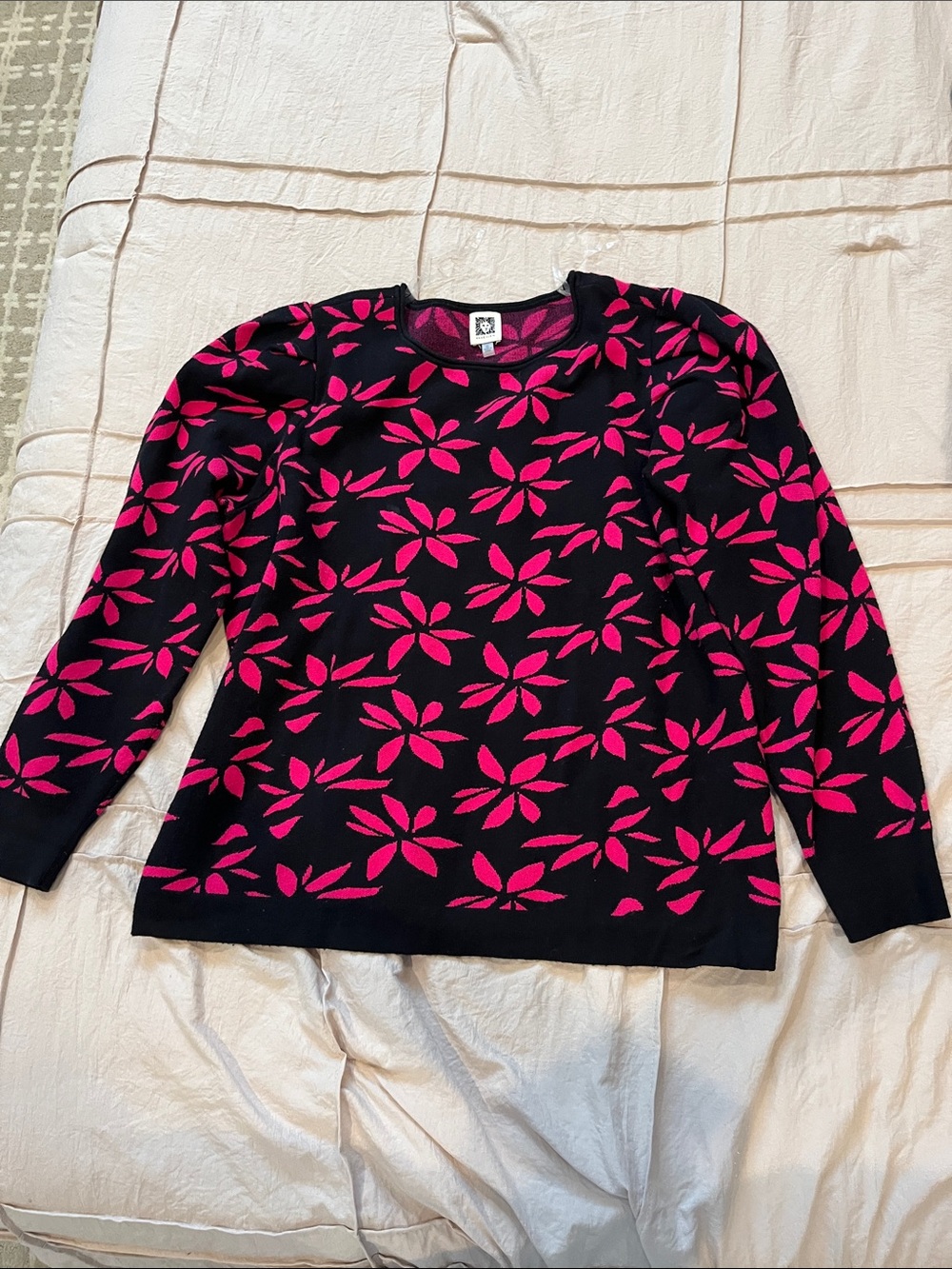 Anne Klein Black Crewneck Sweater with Hot Pink Floral Motif